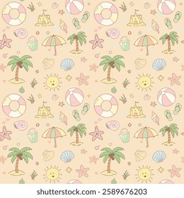 Seamless summer pattern with hand-drawn beach icons. Cute vector illustration of sun, palm trees, shells, and more. 