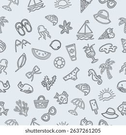 Seamless summer pattern in hand-drawn outline style. Black and white tropical doodles including beach icons and vacation elements. Seamless summer pattern with black and white doodle icons. 