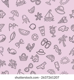 Seamless summer pattern in hand-drawn outline style. Black and white tropical doodles including beach icons and vacation elements. Seamless summer pattern with black and white doodle icons. 