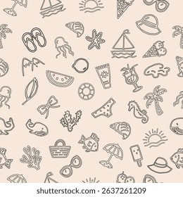 Seamless summer pattern in hand-drawn outline style. Black and white tropical doodles including beach icons and vacation elements. Seamless summer pattern with black and white doodle icons. 