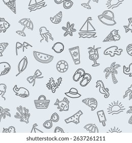 Seamless summer pattern in hand-drawn outline style. Black and white tropical doodles including beach icons and vacation elements. Seamless summer pattern with black and white doodle icons. 