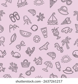 Seamless summer pattern in hand-drawn outline style. Black and white tropical doodles including beach icons and vacation elements. Seamless summer pattern with black and white doodle icons. 