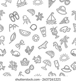 Seamless summer pattern in hand-drawn outline style. Black and white tropical doodles including beach icons and vacation elements. Seamless summer pattern with black and white doodle icons. 