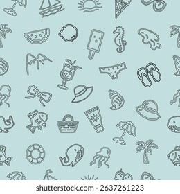 Seamless summer pattern in hand-drawn outline style. Black and white tropical doodles including beach icons and vacation elements. Seamless summer pattern with black and white doodle icons. 