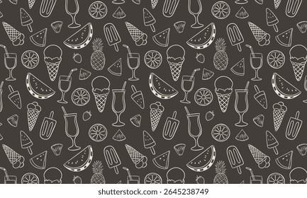 Padrão de verão sem costura com ilustrações de contorno desenhadas à mão de sorvete, picolés, coquetéis tropicais, fatias de melancia, frutas cítricas, abacaxis, morangos e conchas em um fundo escuro