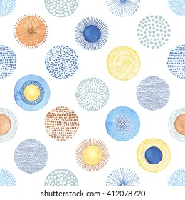Seamless summer pattern with hand-drawn and watercolor circles texture, abstraction colorful illustration on white background.