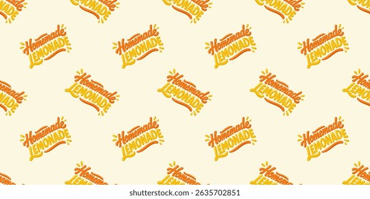 Seamless summer pattern with hand-lettered Homemade Lemonade text in orange and yellow colors. Cartoon vector background