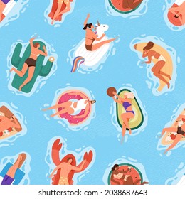 Seamless summer pattern with happy people in pool, floating and swimming on rubber rings. Repeating background with man and woman in swimsuits relaxing on water. Flat vector illustration for printing