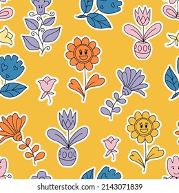 Seamless summer pattern with hippie stickers. Groovy 60s, 70s style. Positive vibes, Relaxation, retro cartoon pattern. Background, wallpaper, textile design for children, kids