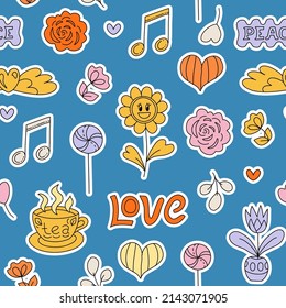Seamless summer pattern with hippie stickers. Groovy 60s, 70s style. Positive vibes, Relaxation, retro cartoon pattern. Background, wallpaper, textile design for children, kids