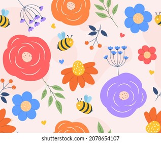Seamless summer pattern. Honey bees pollinate flowers. Spring, wildlife, nature, plant, repeating pattern for printing on fabric. Graphic elements for website. Cartoon flat vector illustration