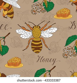 Seamless summer pattern with honeycomb, bee and lime tree flower. Doodle illustration with vintage elements, hand drawn repeated background