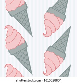 Seamless summer pattern with ice cream. Summer hand-drawn vector illustration. Pattern with waffle cone. Striped blue background with ice cream.