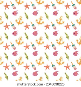 Seamless summer pattern with ice cream, anchor, fish and starfish on a white background. Vector illustration in minimalistic Scandinavian flat style, hand drawing. Print for textiles, print design