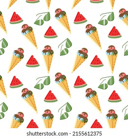 Seamless summer pattern of ice cream, watermelon and sunglasses. Summer, beach. Vector is made in a flat style. Suitable for textiles and paper.