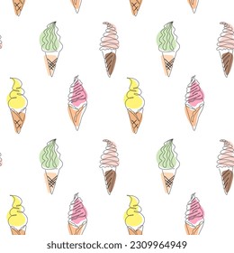 Patrón veraniego sin foco con helado. Fondo continuo de helados dibujado en línea. Ilustración vectorial colorida de verano