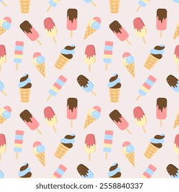 Seamless summer pattern with ice cream on a pink background