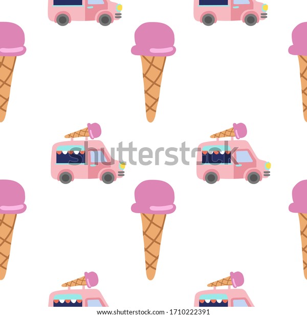 Seamless\
summer pattern. Ice cream van and ice cream\
cone