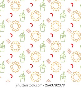 seamless summer pattern with ice cup and sun icon in a white background. Red, green, and yellow colors.