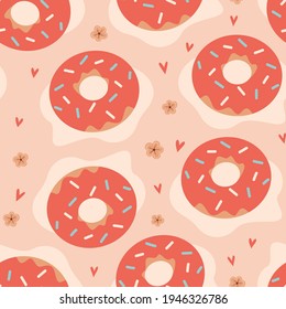 Seamless summer pattern with illustration with donut, flowers.  Vector illustration for fabric, wrapping paper, wallpaper, textile, background