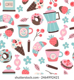 Seamless summer pattern with images of coffee, teapots, sweets, ice cream, croissants and other sweet elements. Vector illustration