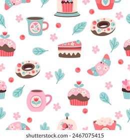 Seamless summer pattern with images of coffee, sweets, cupcakes, macaroons and other sweet elements. Printing on fabric and wrapping paper. Vector illustration
