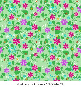 Seamless summer pattern, interlacing thin branches with leaves, fancy flowers, ladybugs and bubbles on background. Swatch included in EPS file.
