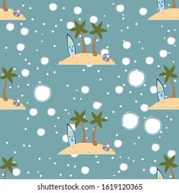 Seamless summer pattern with isolated island, surfing board, two palms and ball on white background. Repeating Summer Pattern. Vector Illustration