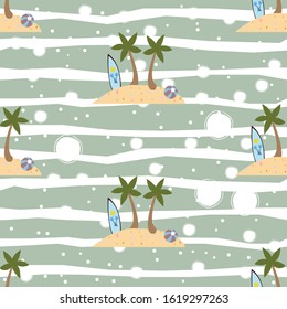 Seamless summer pattern with isolated island, surfing board, two palms and ball on white background. Repeating Summer Pattern. Vector Illustration