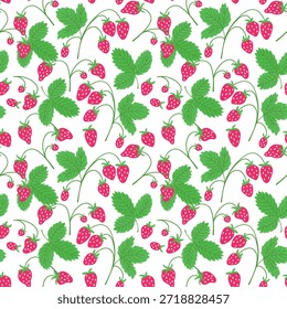 Padrão de verão sem emenda com morangos vermelhos suculentos e folhas verdes. Ideal para decoração de cozinha acolhedora, têxteis e papel de parede. Fundo plano fresco e natural. Ilustração vetorial