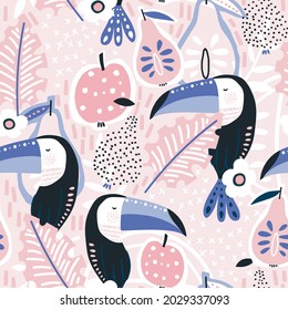 Patrón veraniego sin foco con ave selvática, flor, frutas, hojas. Textura toscana tropical.Ilustración vectorial
