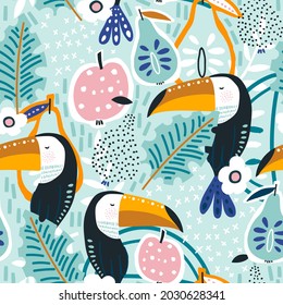 Seamless summer pattern with jungle bird, flower, fruits, leaves. Tropical toucan pink texture.Vector illustration