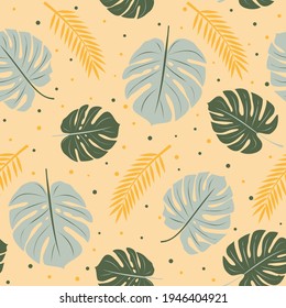 Nahtloses Sommermuster mit Dschungelblättern und Punkten. Monstera-Hintergrund. Design mit tropischen, Wärme, Entspannung, exotischen Pflanzen und lebhaften Blumen. Vektorgrafik