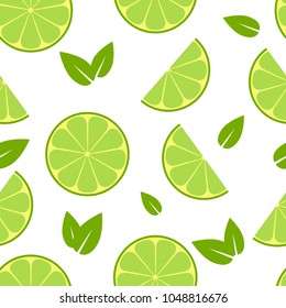 Seamless summer pattern with key lime slices and leaves. Vector texture illustration.