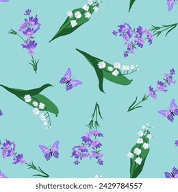 Patrón de verano sin costuras con lavanda, lirio del valle y mariposas sobre un fondo azul. Para la decoración de textiles, embalaje y diseño web. Ilustración vectorial.