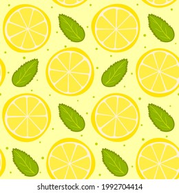 Seamless summer pattern from lemon slices and mint leaves. Refreshing juicy background with mojito or lemonade idea. Vector illustration on the theme of summer, sun, heat and relaxation.