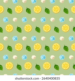 Seamless summer pattern with lemon slices, mint leaves, sugar and ice cubes. Cartoon vector background. 