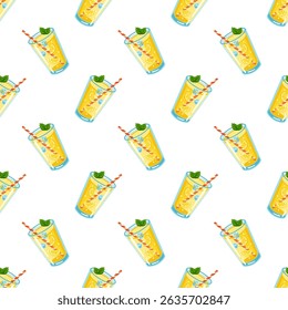 Padrão de verão sem costura com vidro limonada, hortelã e palha sobre fundo branco. Plano de fundo do vetor de desenhos animados