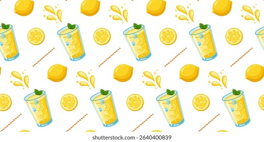 Seamless summer pattern with lemonade glasses, whole lemons, slices and straws. Cartoon vector background. 