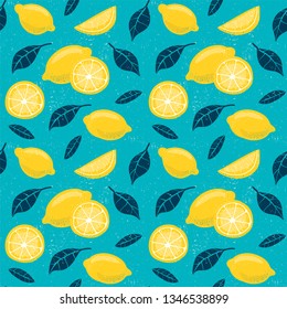 Seamless summer pattern with lemons and leafs. Textile pattern, also for cards, stationary, decoration