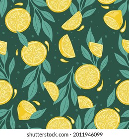 Seamless summer pattern with lemons and leaves.