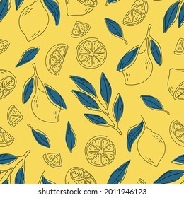 Seamless summer pattern with lemons and leaves.