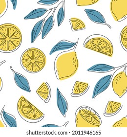 Seamless summer pattern with lemons and leaves.