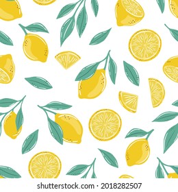 Seamless summer pattern with lemons and leaves.