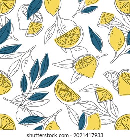 Seamless summer pattern with lemons and leaves.