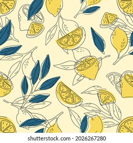 Seamless summer pattern with lemons and leaves.
