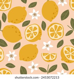 Seamless summer pattern with lemons and leaves. Printing on any surface. Vector illustration