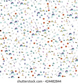 Seamless summer pattern with lighthouse, anchor, sea, starfish, lemonade etc. Stock vector.