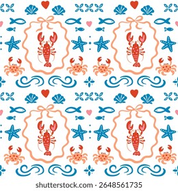Seamless summer pattern with lobster, crab, starfish and waves.