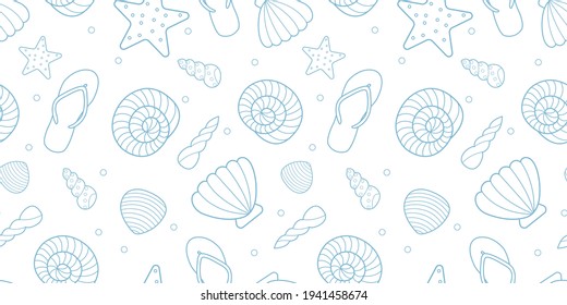 Seamless summer pattern. Marine background. Vector illustration with seashells. Outline seashells on a yellow pastel background.  